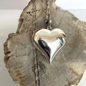 Sterling Silver 925 Large Hollow Puffy Heart Pendant Necklace 31" Chain